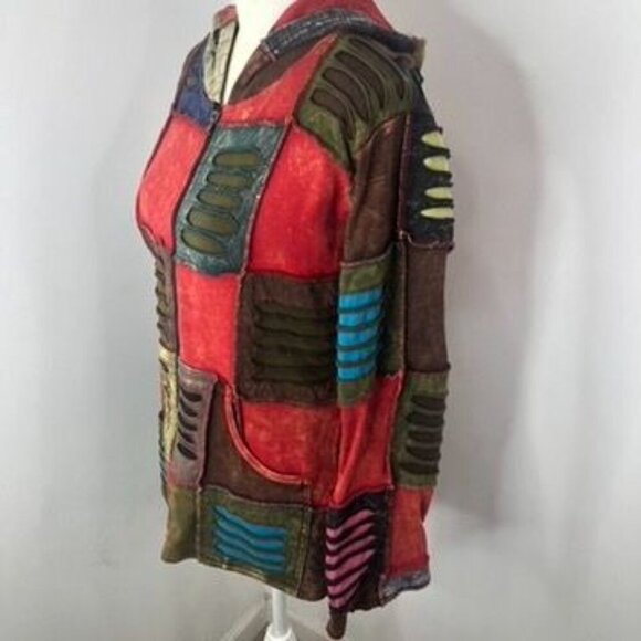 Rising International Womens Razor Cut Patchwork Hooded Jacket Sz M Zipper Boho - Picture 3 of 14